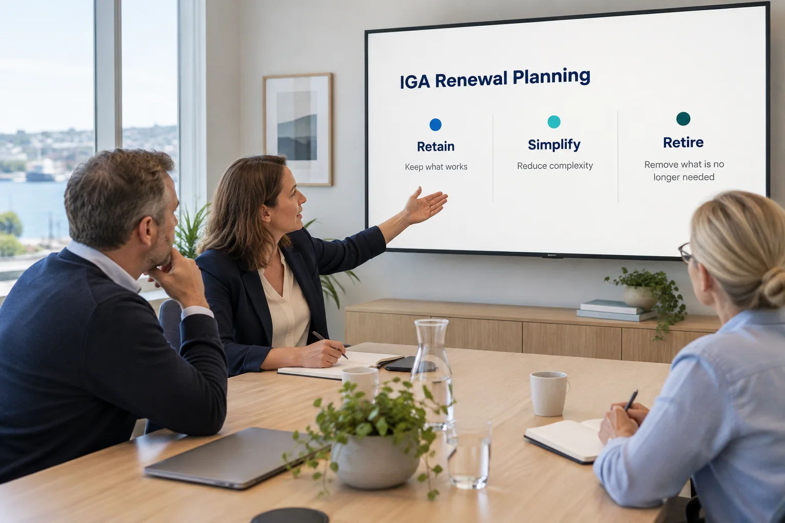 Three colleagues planning an IGA renewal, discussing what to retain, simplify and retire.