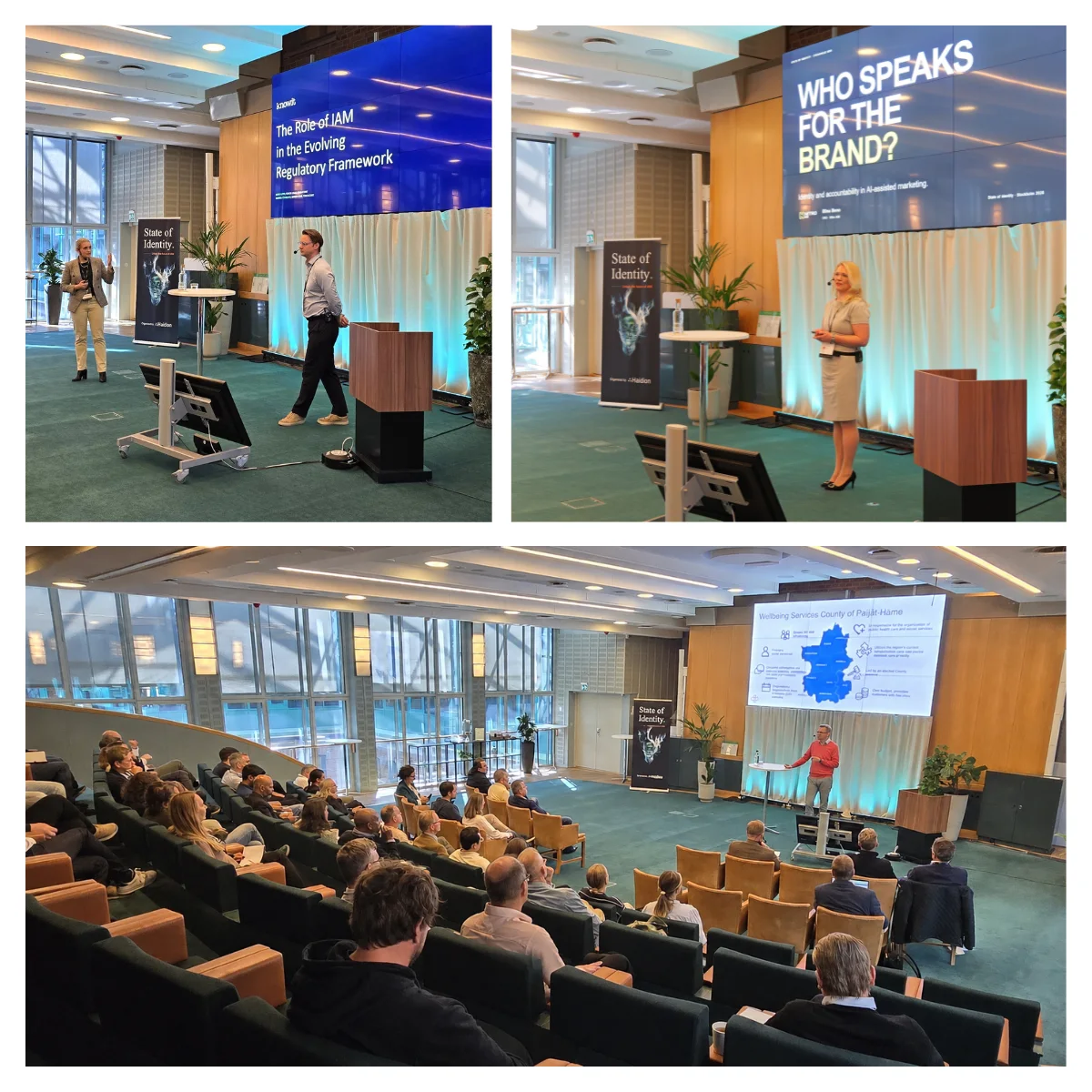 Photo collage from a State of Identity event: a speaker on stage, a presenter, and the audience in the auditorium