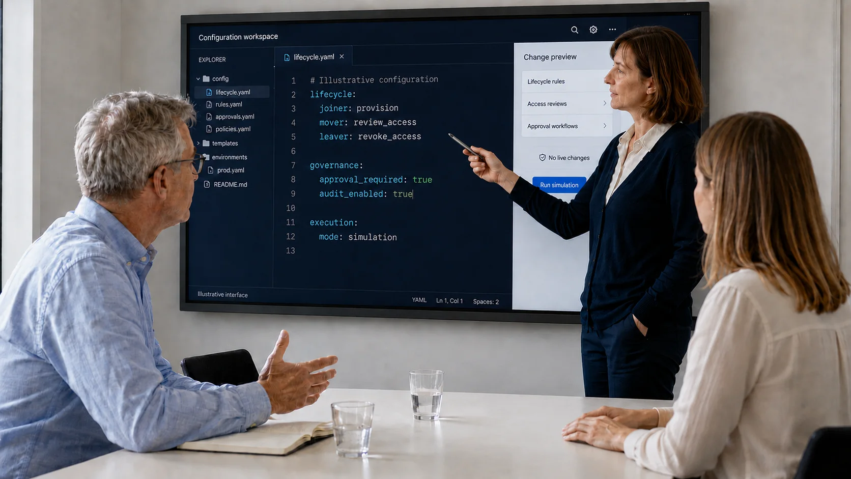 Three colleagues reviewing an IGA renewal configuration workspace on a large screen: the interface shows lifecycle, governance and approval rules with a 'Run simulation' option and no live changes.